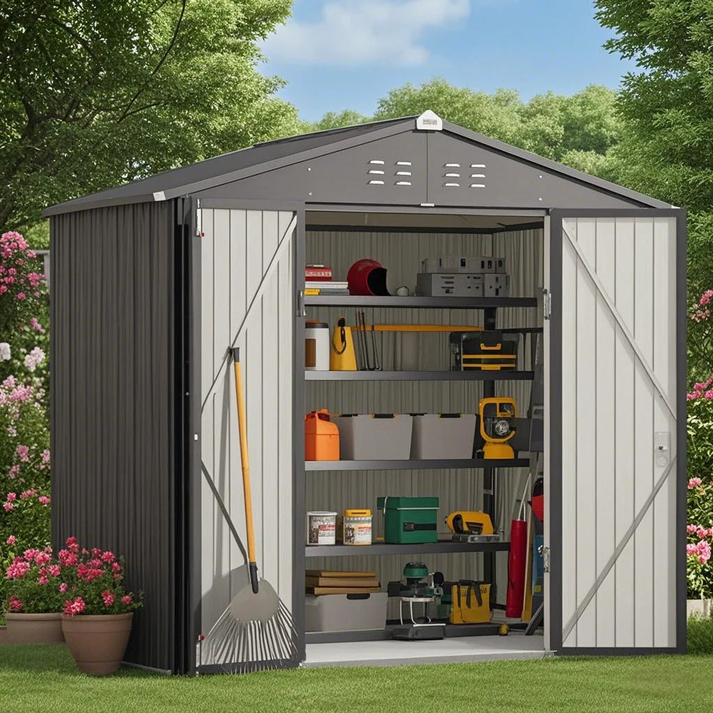 8x6 ft Outdoor Storage Shed on Sale, Sheds & Outdoor Storage with Lockable Doors, Metal Garden Shed by Durable Galvanized Steel for Patio, Lawn - Dark Gray