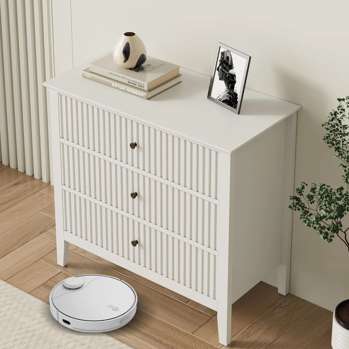 Heynemo Beige 6 Drawer Dresser, Fluted Modern Wood Chest