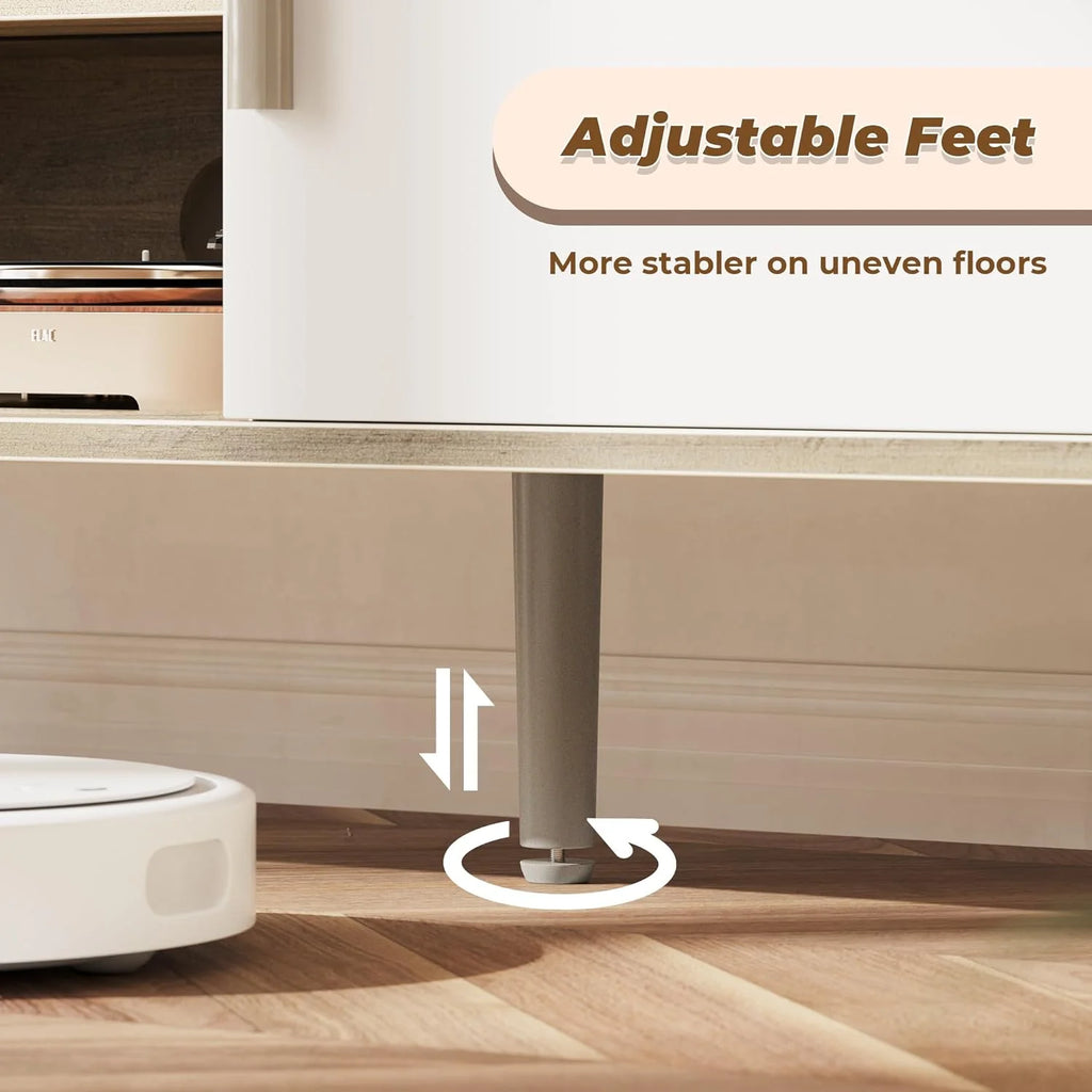 LL TV Stand for 55 Inch TV, Entertainment Center with Adjustable Shelf, 2 Cabinets, TV Console Table, Media Console, Solid Wood Feet, Cord Holes, for Living Room, Bedroom, White