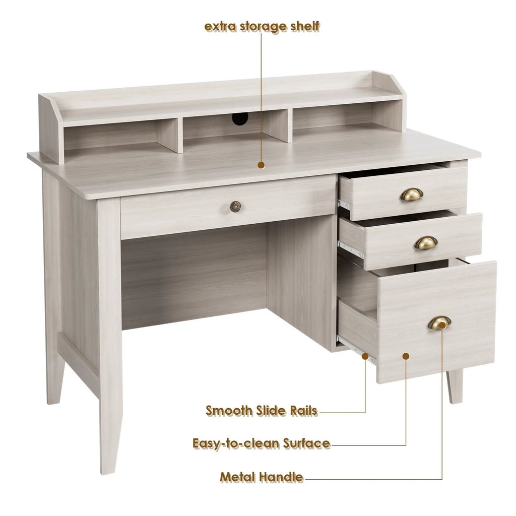 Homfa 47 in Computer Desk, Home Office Writing Table with 4 Drawers and Hutch Shelf, Sturdy Desk with Spacious Desktop, Oak White Finish