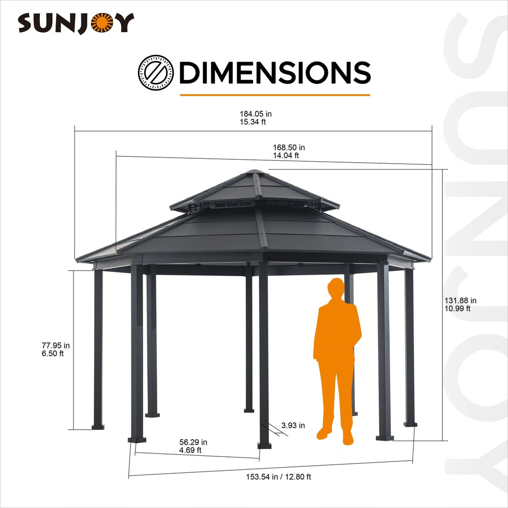Sunjoy 15 x 15 ft. Outdoor Hardtop Gazebo, Octagon Double Tiered Metal Gazebo with Dual Rails and Ceiling Hook for Patio, Garden, Backyard Shade