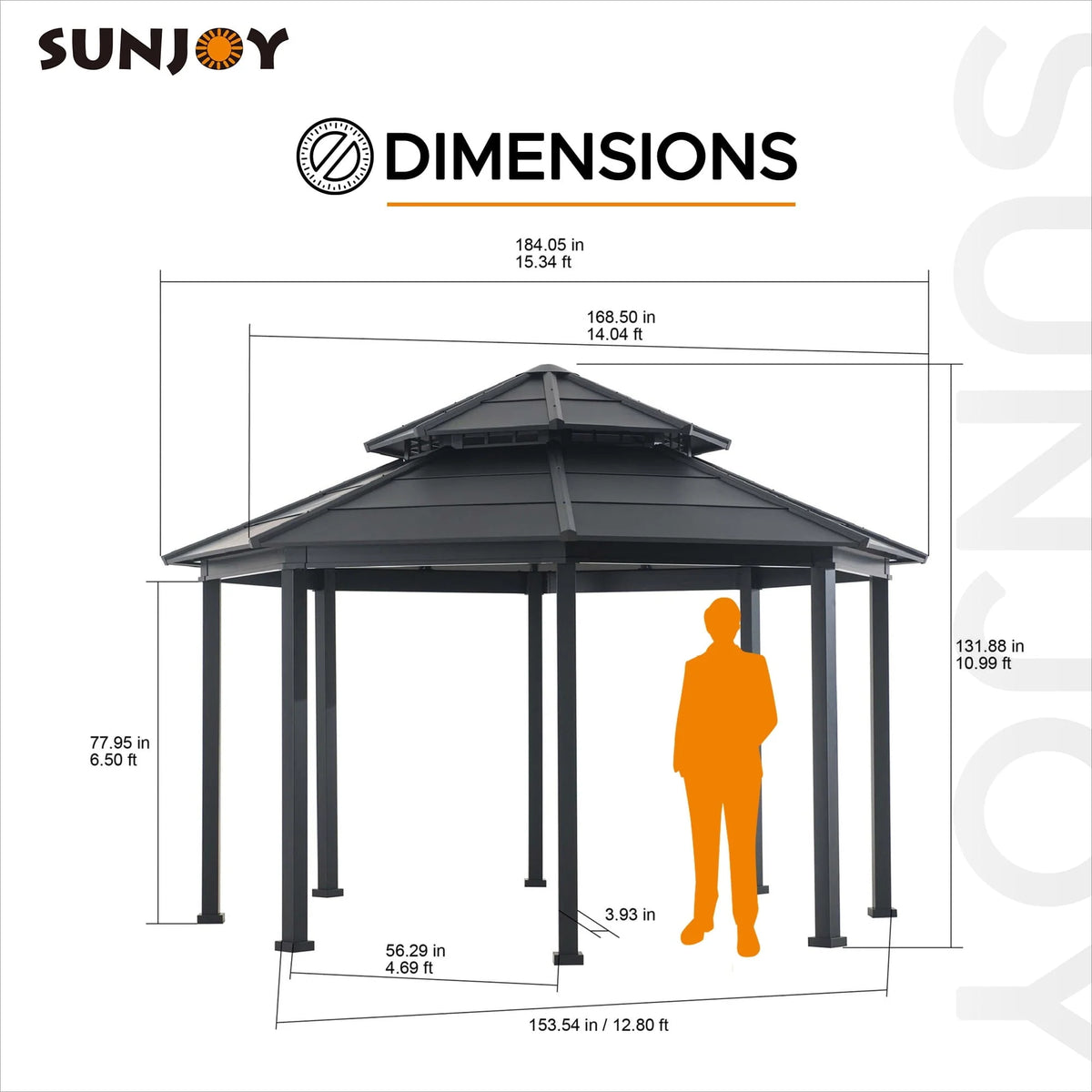 Sunjoy 15 x 15 ft. Outdoor Hardtop Gazebo, Octagon Double Tiered Metal Gazebo with Dual Rails and Ceiling Hook for Patio, Garden, Backyard Shade