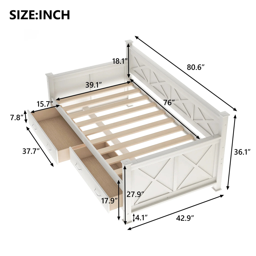 Euroco Twin Size Dayed with 2 Storage Drawers for Bedroom Low Profile Platform Bed, White