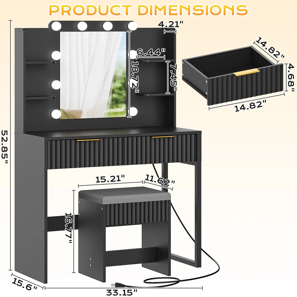 Ktaxon Lighted Makeup Vanity, White Vanity Table Set with 2 Drawer and Charging Station, Femal Gift