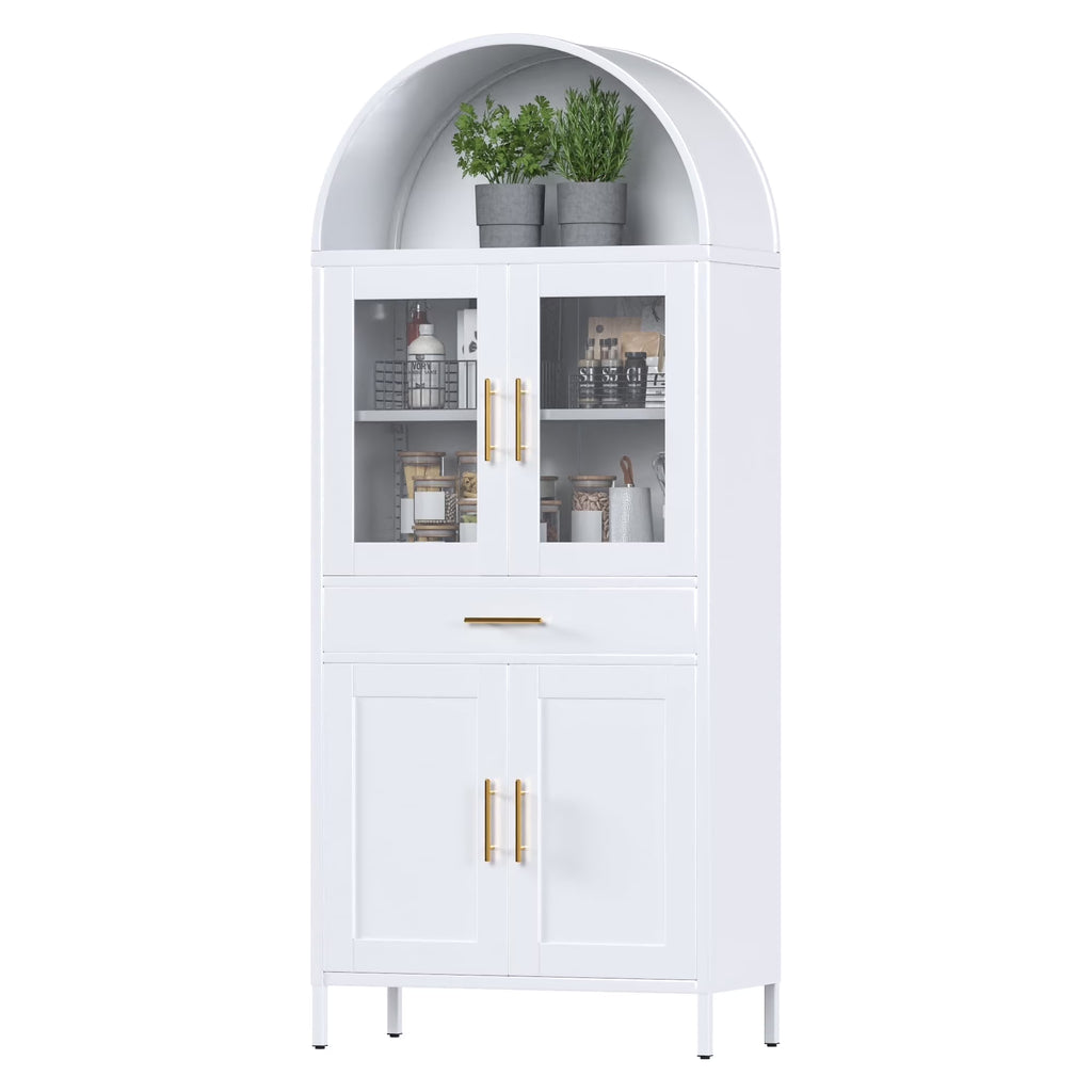 SUPEER Metal Arched Storage Display Cabinet with Glass Doors and Adjustable Shelves, Lockable Cabinet, Assembly Required, Black