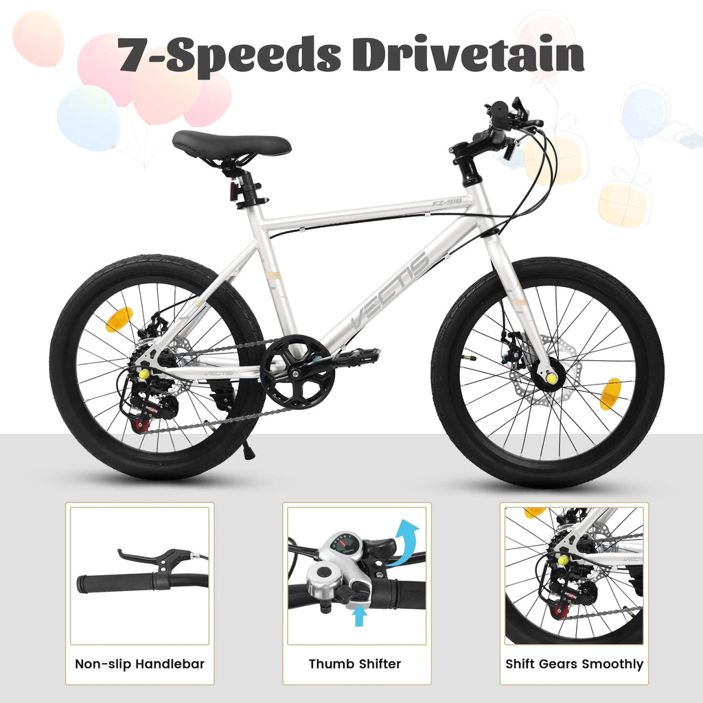20 Inch Kids Bike for Boys Girls, 7-Speed Children Road Bike with Steel Frame and Dual Disc Brakes, Kids Road Bicycle for Ages 6-12 Years Old Birthday Gift, Silver