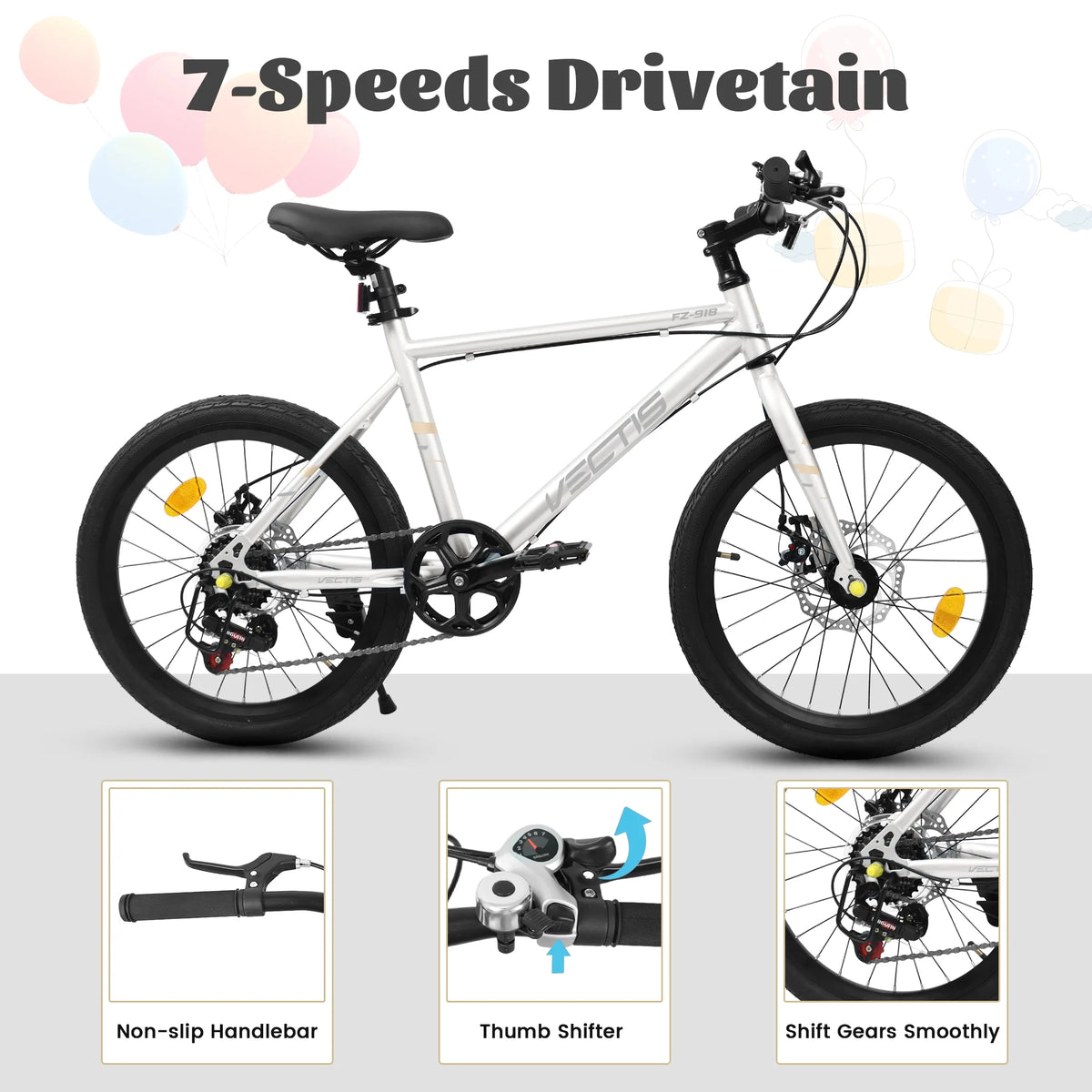 20 Inch Kids Bike for Boys Girls, 7-Speed Children Road Bike with Steel Frame and Dual Disc Brakes, Kids Road Bicycle for Ages 6-12 Years Old Birthday Gift, Silver