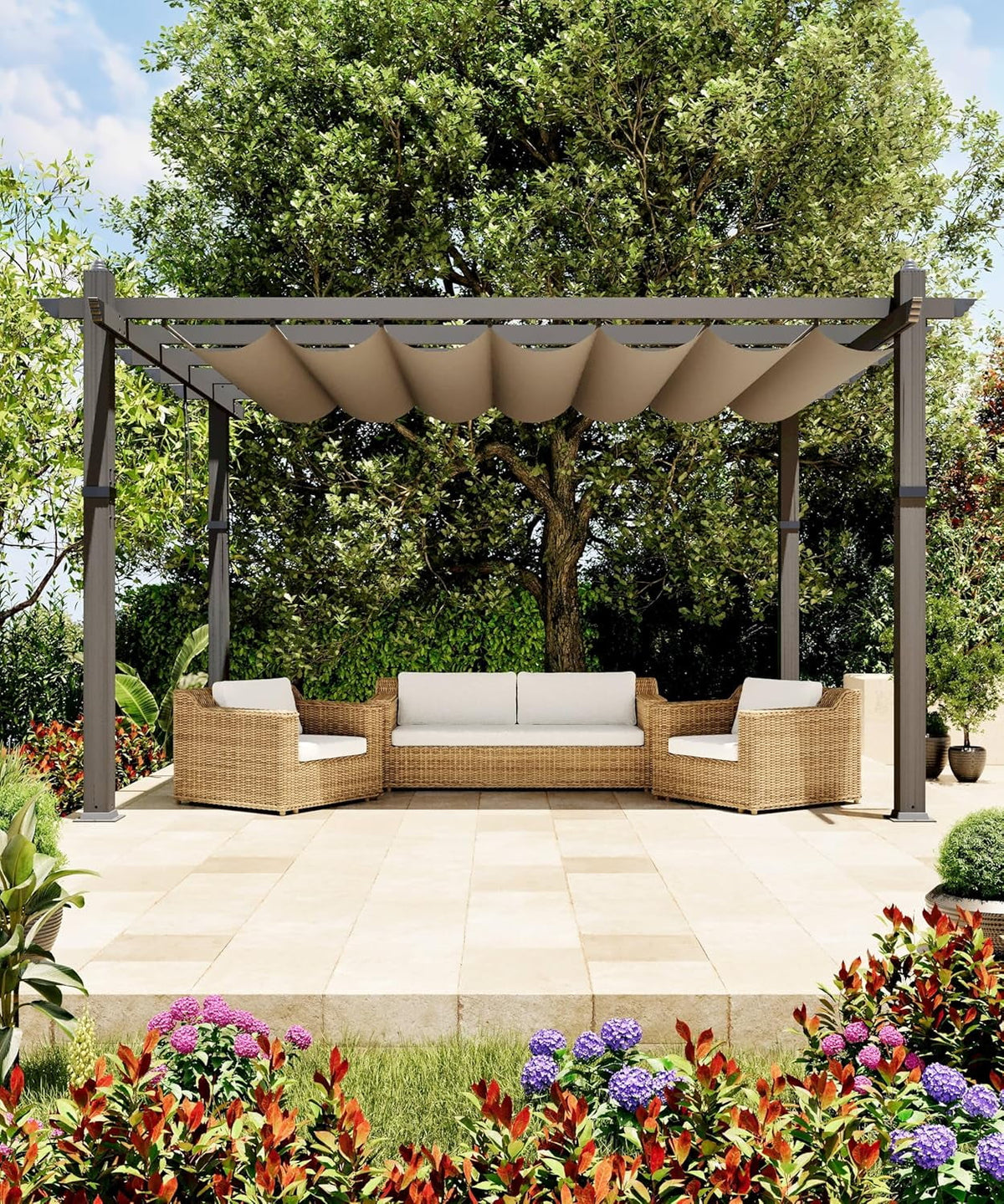 Outdoor Aluminum Pergola with Retractable Canopy, Reinforced 4-Sided Base, Waterproof & UV-Resistant Adjustable Roof, Modern Design for Patio, Deck, Backyard, and Garden