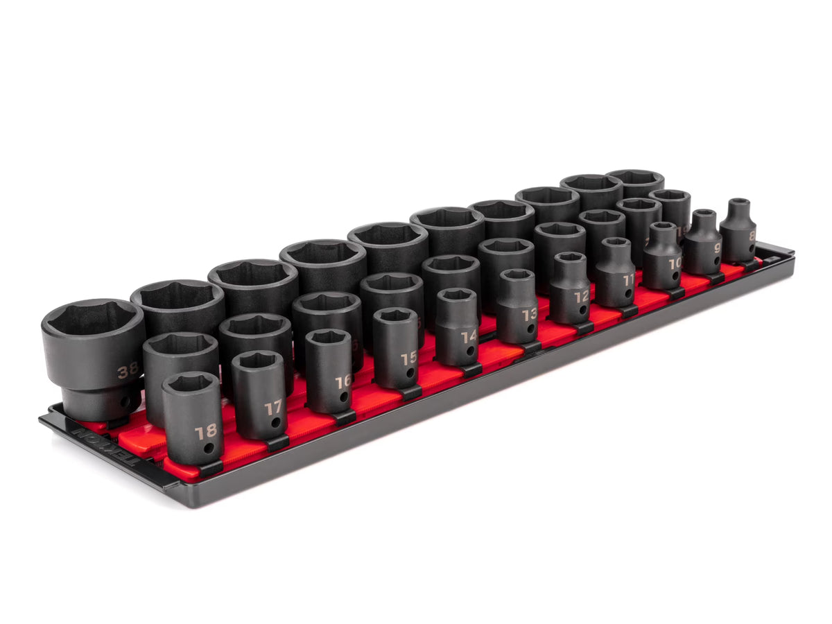 TEKTON 1/2 Inch Drive 6-Point Impact Socket Set with Rails, 31-Piece (8-38 mm) | SID92104