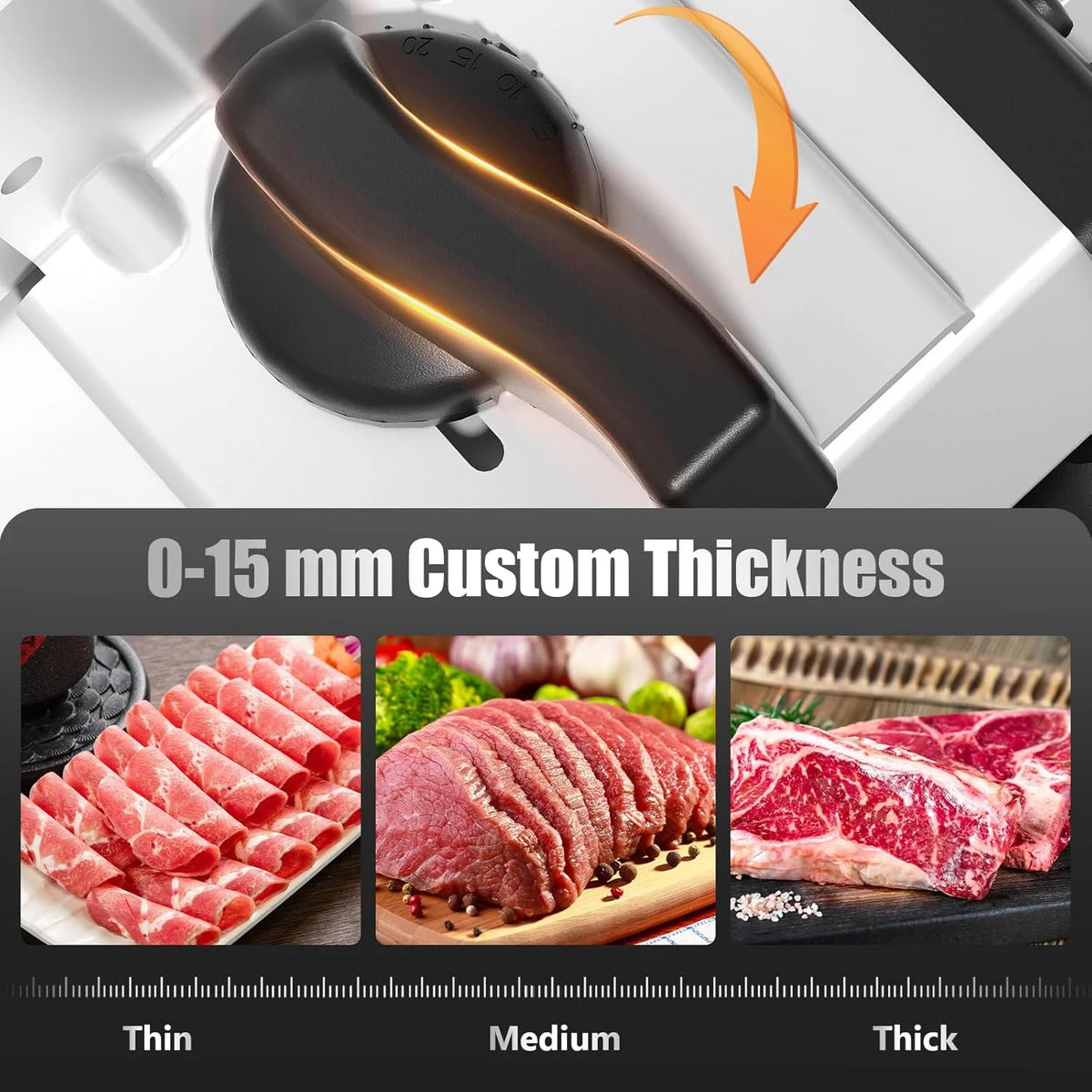 OSTBA Meat Slicer with Quiet DC Motor, 200W Electric Deli Slicer, Dual 7.5'' Stainless Steel Blades, 0-15mm Adjustable Thickness, Easy to Clean, Ideal for Meat, Cheese, Bread, and Vegetables