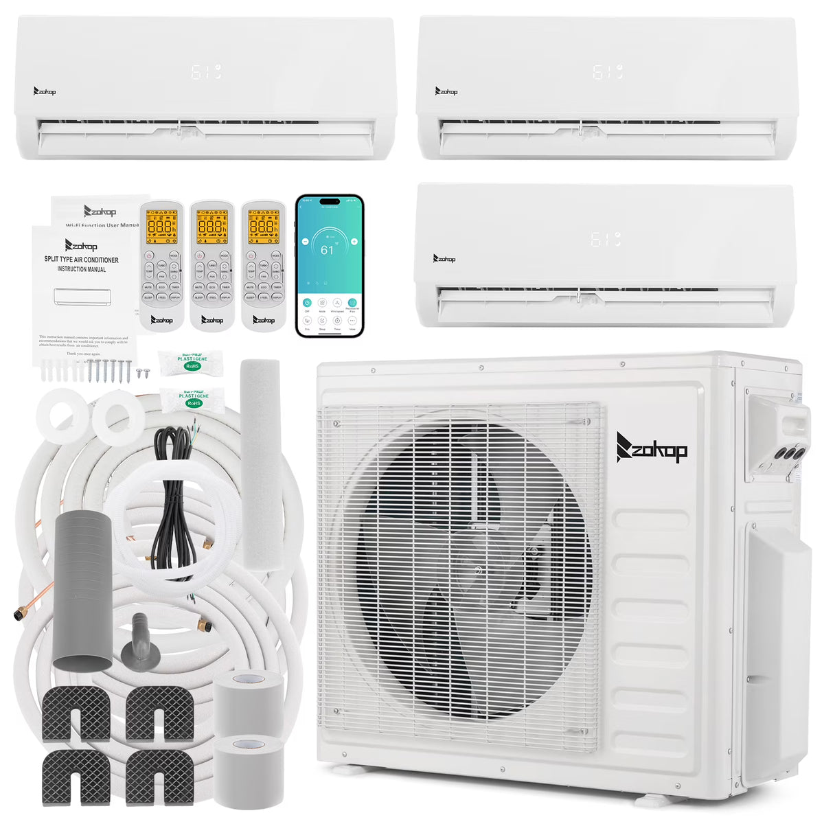 Ktaxon 2 Zone 9000 + 9000 BTU WIFI Mini Split AC/Heating System, 19 SEER2 Dual Zone 18000 BTU Ductless Split Air Conditioner with Pre-Charged Condenser, Heat Pump & 25Ft Installation Kit, 208-230V