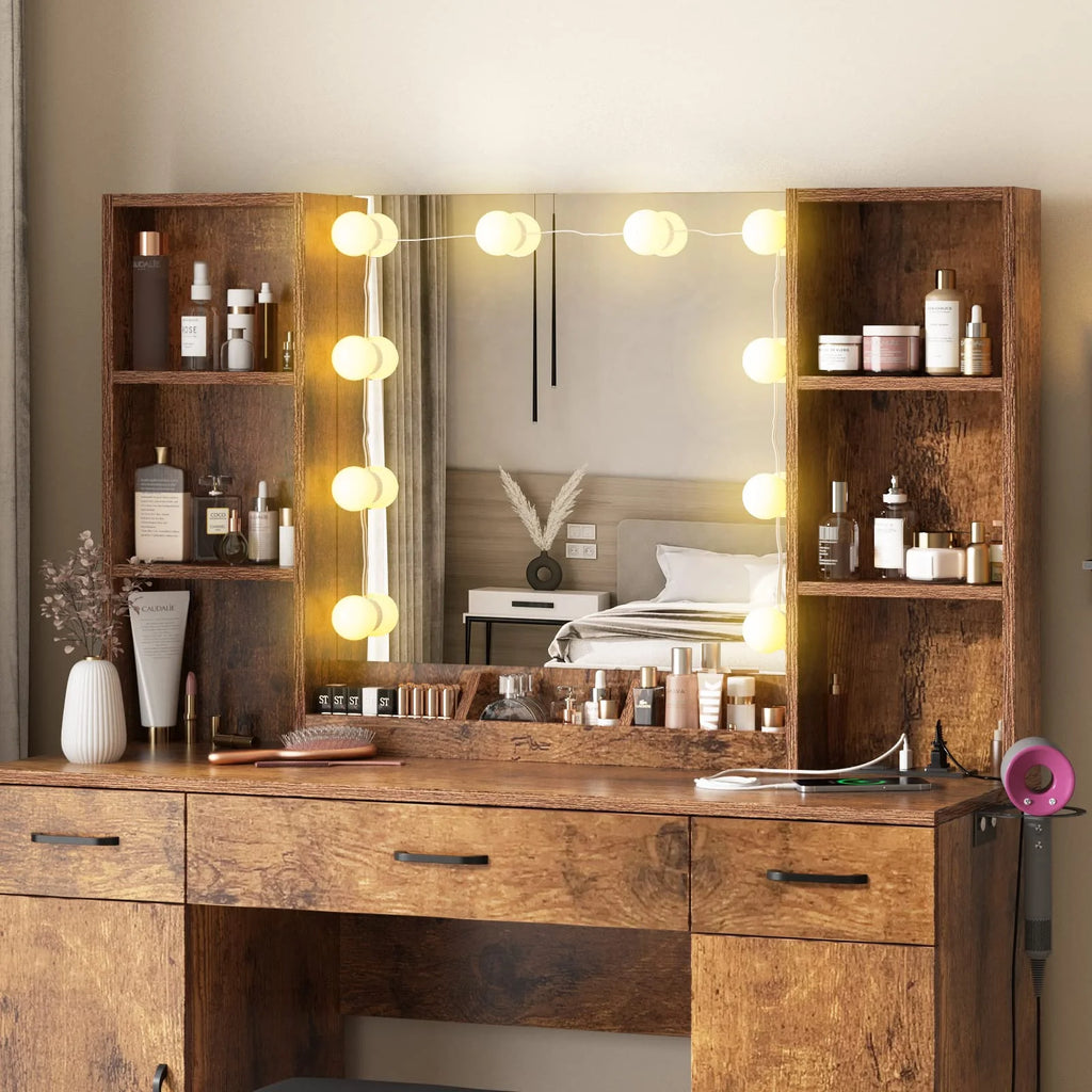 VEANERWOOD Large Makeup Vanity Set with Light Modern Makeup Vanity Table with Storage and Adjustable Lighting Colors for Bedroom 45.2in, White