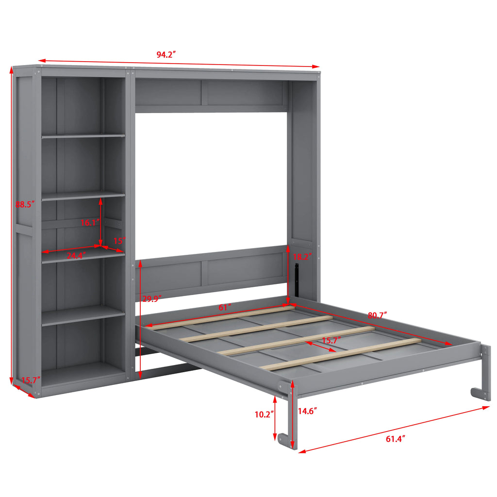 YunNianYang Queen Size Gray Murphy Bed Wall Bed with Shelves