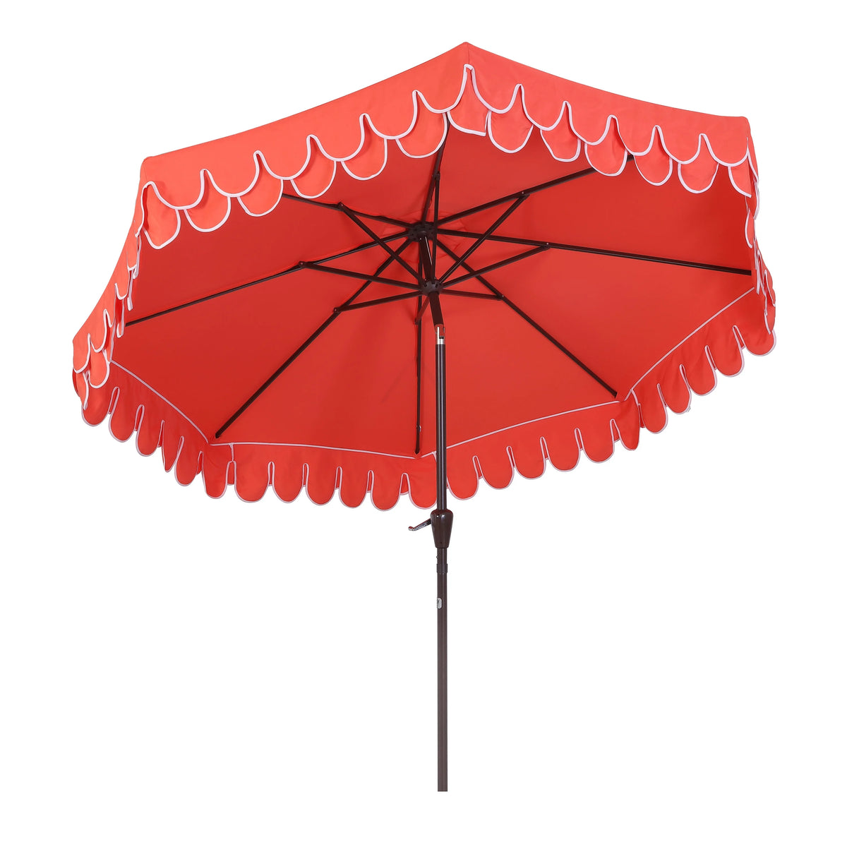 JONATHAN Y Tracy 9 ft. Market Patio Umbrella, Classic Mid-Century Scalloped Fringe, with Auto-Tilt Crank, Wind Vent and UV Protection, Coral Pink/White, Dark Brown Pole
