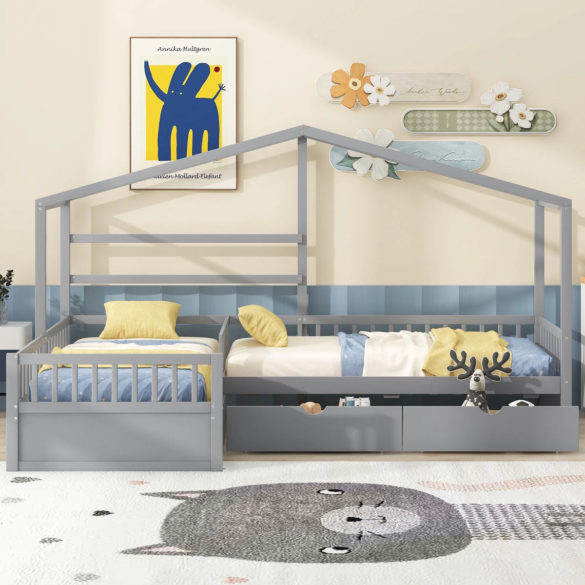 Bellemave House Bed Double Twin Beds, Wood L-Shape Twin Bed with 3 Storage Drawers, Montessori Bed with Roof and Fencefor Toddler Kids Girls Boys (White)