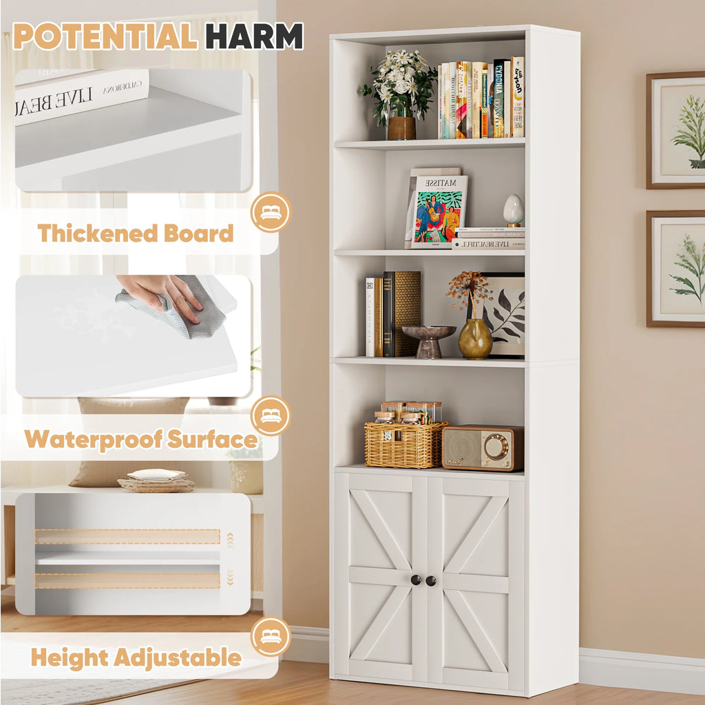 Furmax 1 Piece 4-Shelf Farmhouse Bookcases 4-Tier Bookshelf with Adjustable Shelves&Doors,Storage Cabinet for Home Living room,Kitchen,Office,White