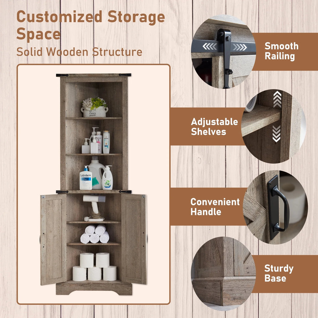 OKD Farmhouse Tall Corner Cabinet with Barn Door & Adjustable Shelves, 68" Rustic Wood Corner Cabinet with Storage Cabinet for Bathroom, Kitchen, Antique White