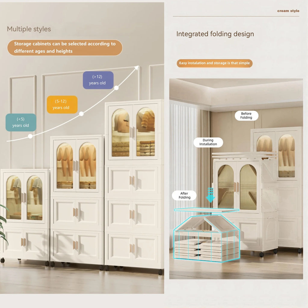 PORKISS Portable Wardrobe Closet, Folding Bedroom Armoire with Wheels, Plastic Storage Basket Can be Freely Combined (1 Layer of Wardrobe + 2 Layers of Folding Boxes+10 Hangers), Cream White-57.09"H