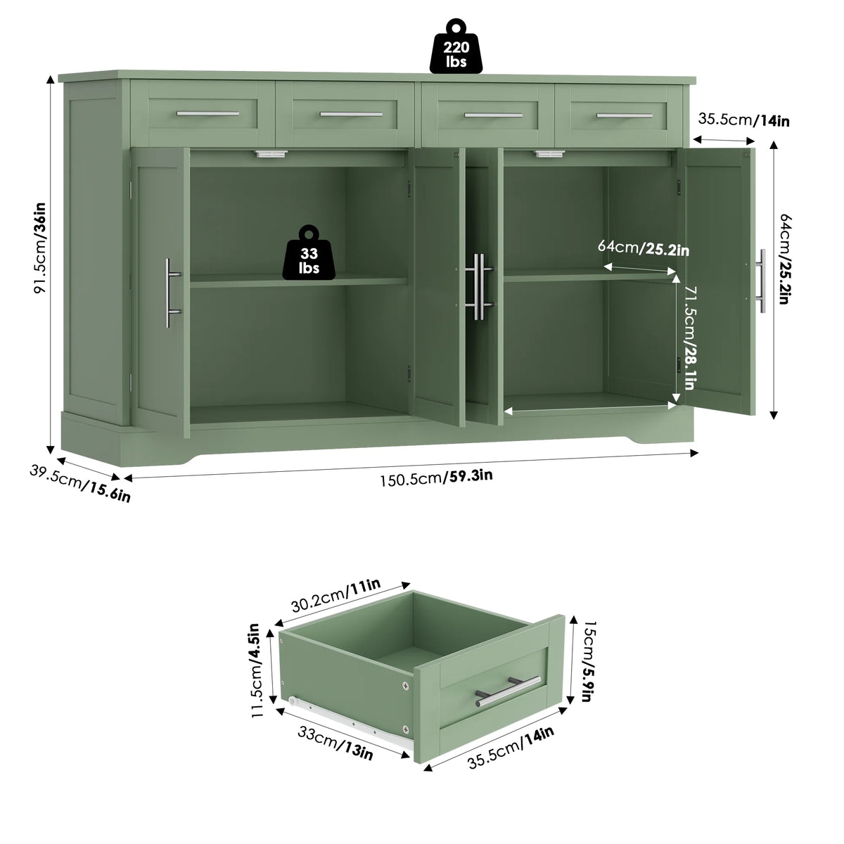 Homfa Farmhouse Buffet Cabinet with 4 Drawers and 4 Doors, 59" W Sideboard Buffet Storage Cabinet with Shelves, for Kitchen Living Room Bedroom, Wash Gray