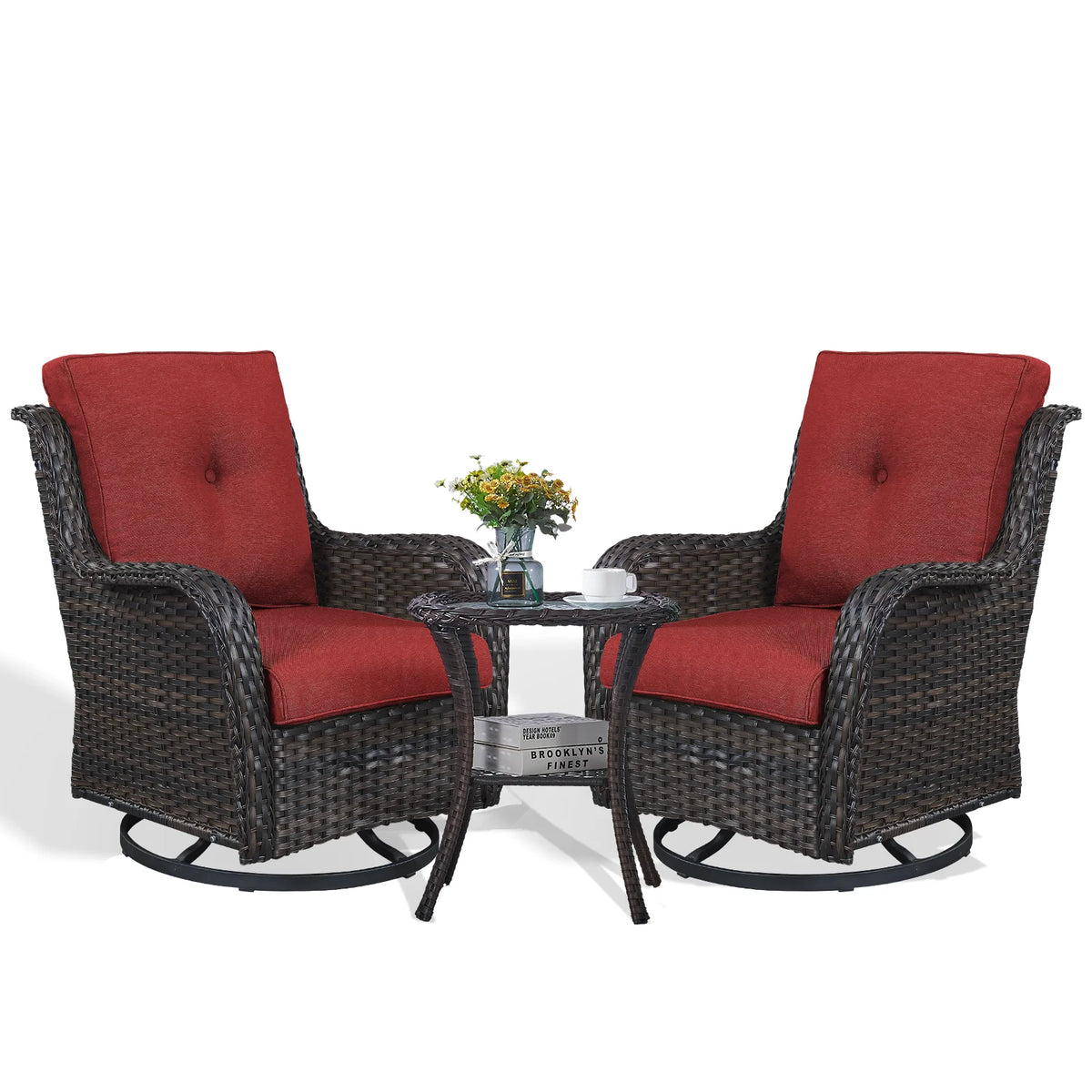 POCASSY 3 Piece Patio Set Outdoor Wicker Glider Rocking and Swivel Chairs with Cushions