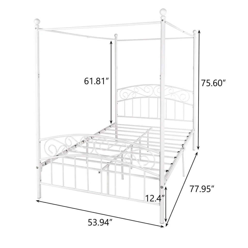 Canopy Bed Frame Full with Headboard and Footboard, White Canopy Bed with Center Support Legs, 4 Poster Bed Frame Platform Bed Frame, Easy to Assemble