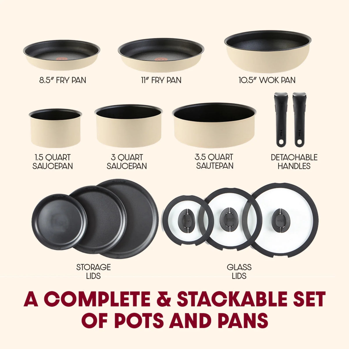 T-fal Ingenio Expertise Nonstick 14-Piece Cookware Set, Induction Oven Safe up to 500F, Detachable Handle, Onyx Black