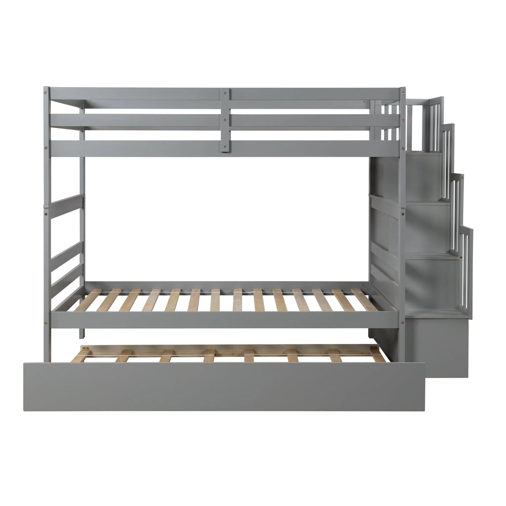Bellemave Twin over Twin Stairway Bunk Bed with Trundle Wooden Bunk Bed Frame with Guardrails and Staircase, Twin Size Bunk Bed with Storage Stairs for Kids, Teens, Gray