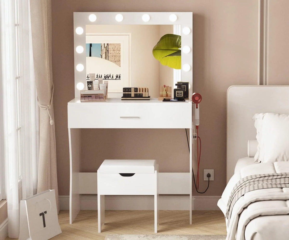 Vanity Table Set with Lighted Mirror,Makeup Vanity with Lights, Large Drawer Sturdy Wood Vanity, White