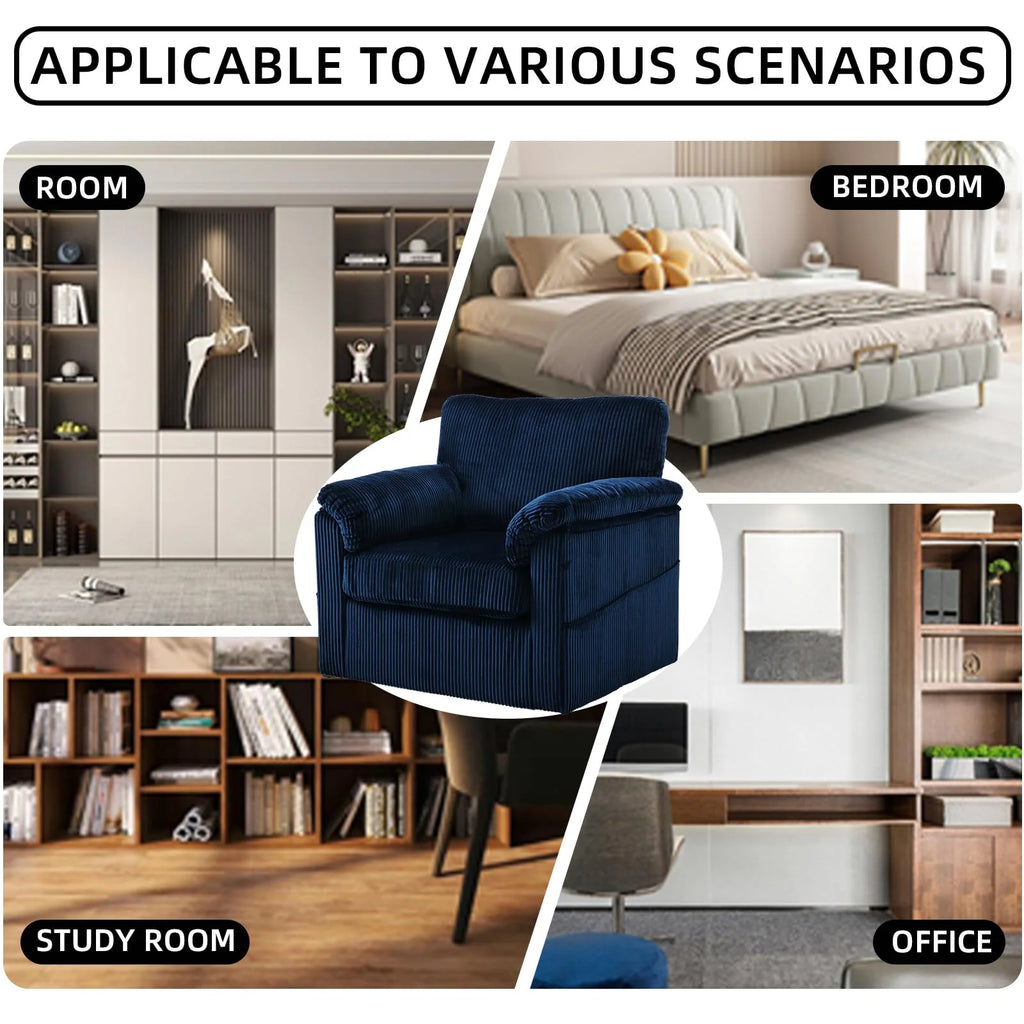 FFH 33" Oversized Swivel Accent Chair,Armchair with Side Pocket,Upholstered Corduroy Lounge Chaise Chair,Barrel Chairs,Comfy Single Sofa Chair for Living Room Reading Bedroom Office,Black