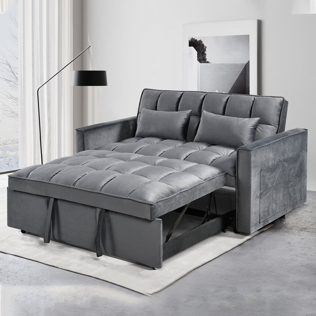 BINBANK Black Velvet 3-in-1 Convertible Sleeper Sofa Bed a?? USB Charging, Adjustable Backrest Pull-Out Futon Loveseat Couch for Living Room, Apartment & Small Space