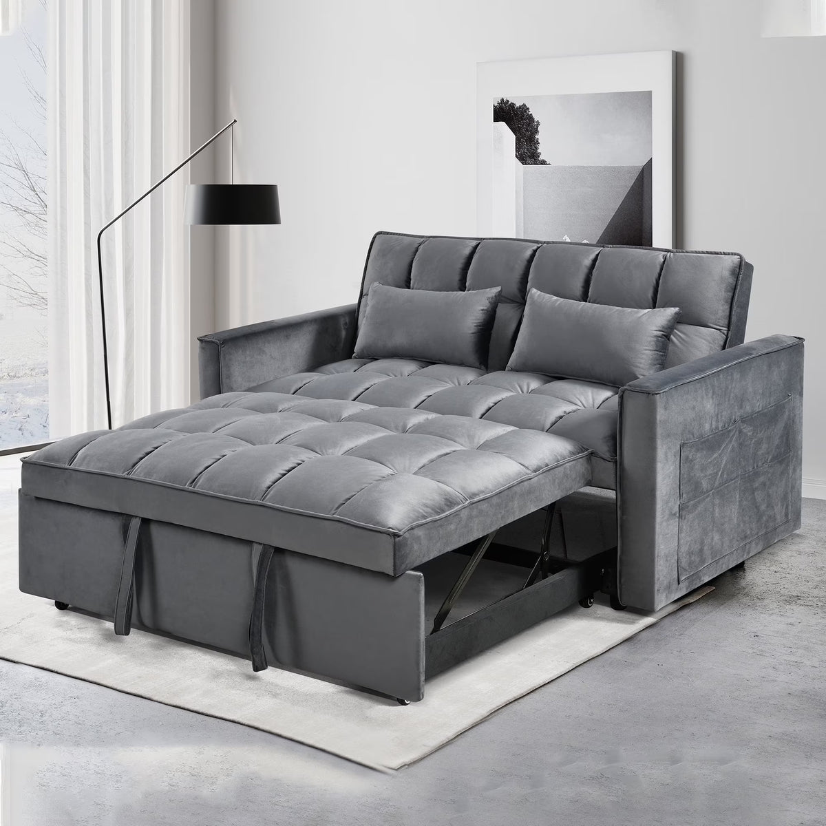 BINBANK Black Velvet 3-in-1 Convertible Sleeper Sofa Bed a?? USB Charging, Adjustable Backrest Pull-Out Futon Loveseat Couch for Living Room, Apartment & Small Space