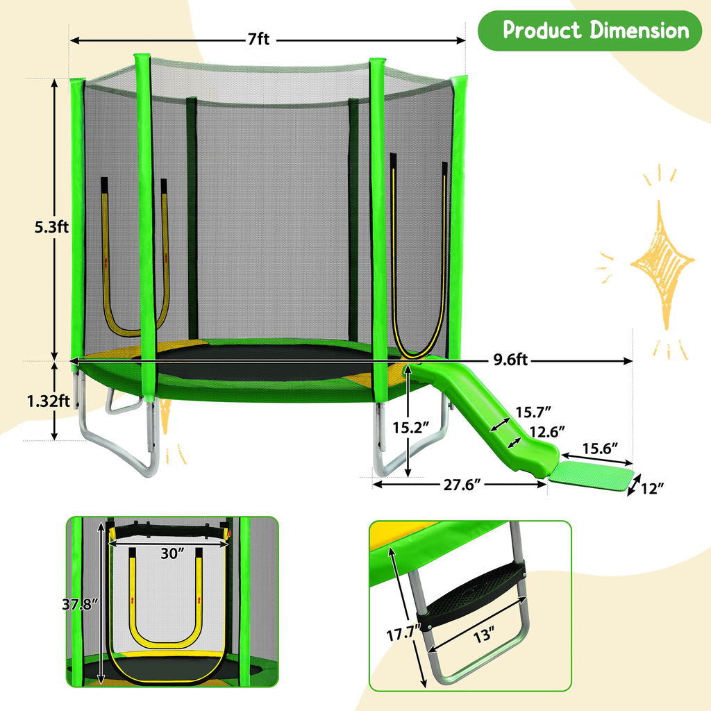 EUROCO  7FT Kids Trampoline with Safety Enclosure Net, Indoor Outdoor Trampoline with Slide,Ladder,Spring Pad,All-Weather Trampolines