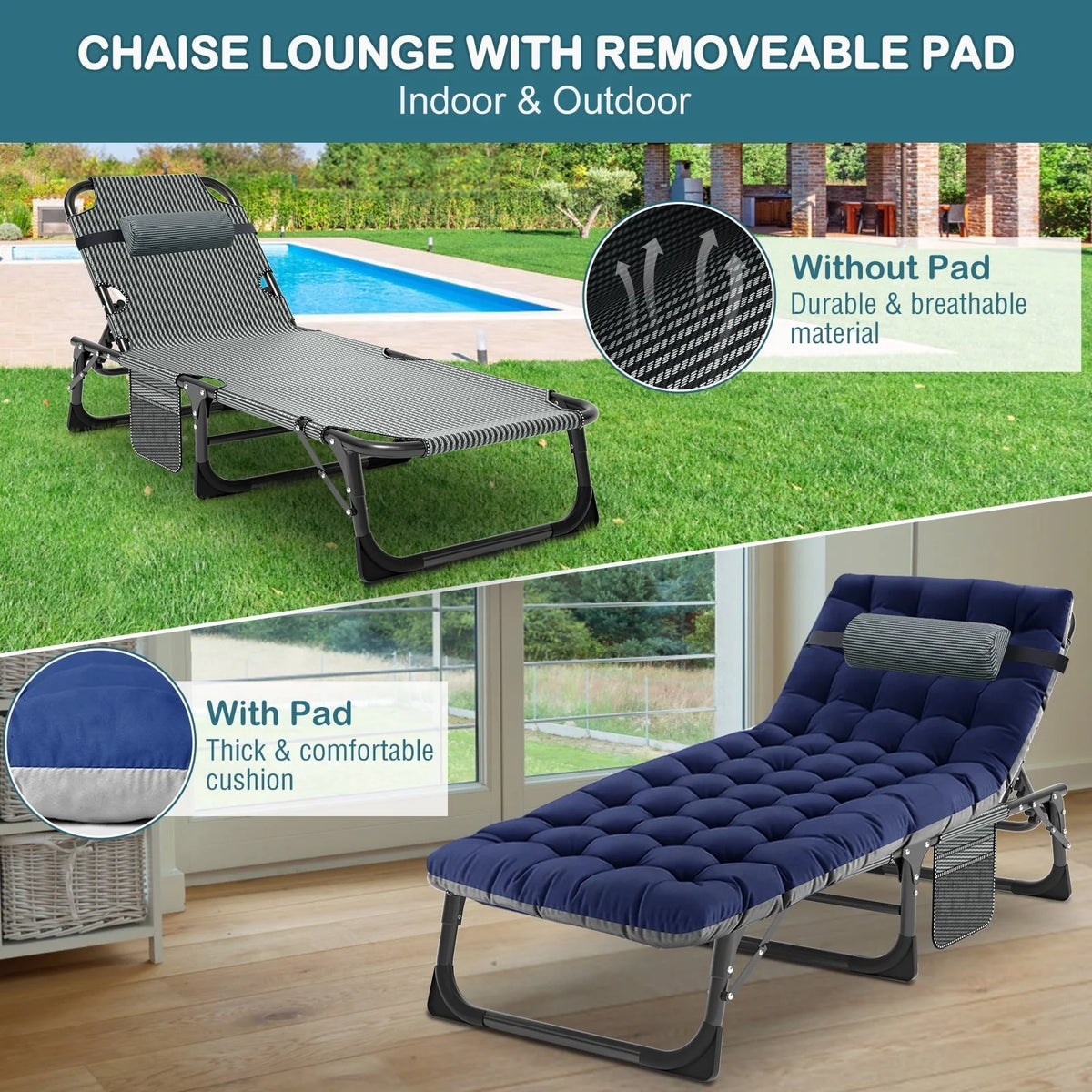 Docred 5-Fold Camping cot for Adults & Kids, Adjustable 4 Fold Reclining Folding Lounge Chairs , 2-Sided Mattress with Pillow, Portable Intdoor Folding Sleeping Cots Bed