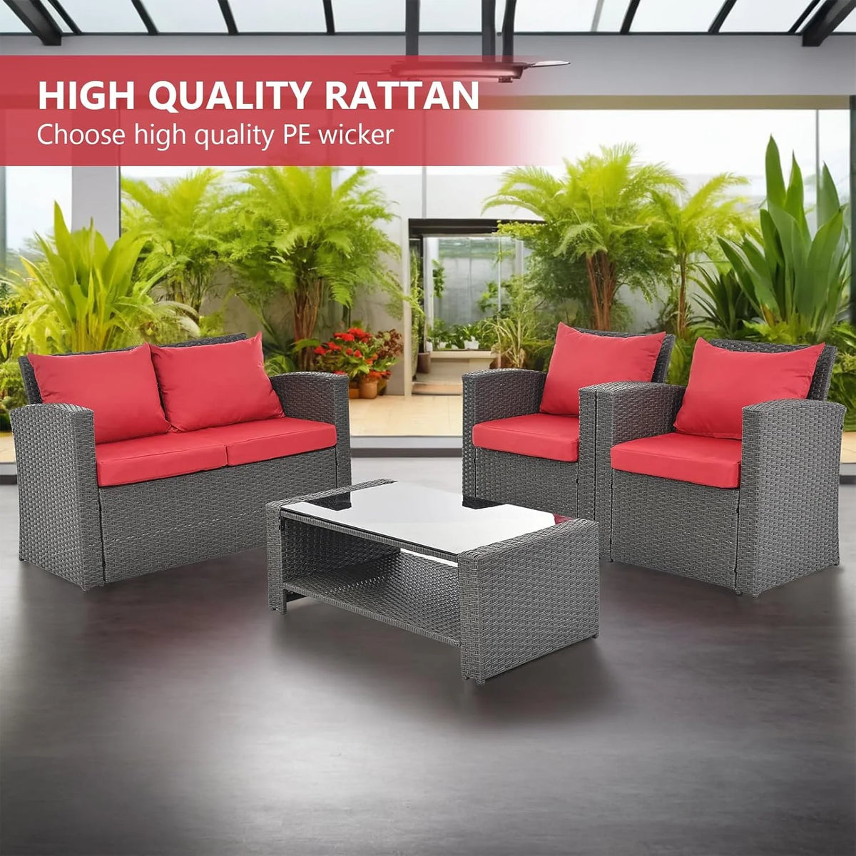 HighSound 4 Piece Patio Furniture Set, Outdoor Wicker Patio Sectional Sofa, All Weather PE Rattan Outdoor Sectional with Cushions & Coffee Table, Dark Gray