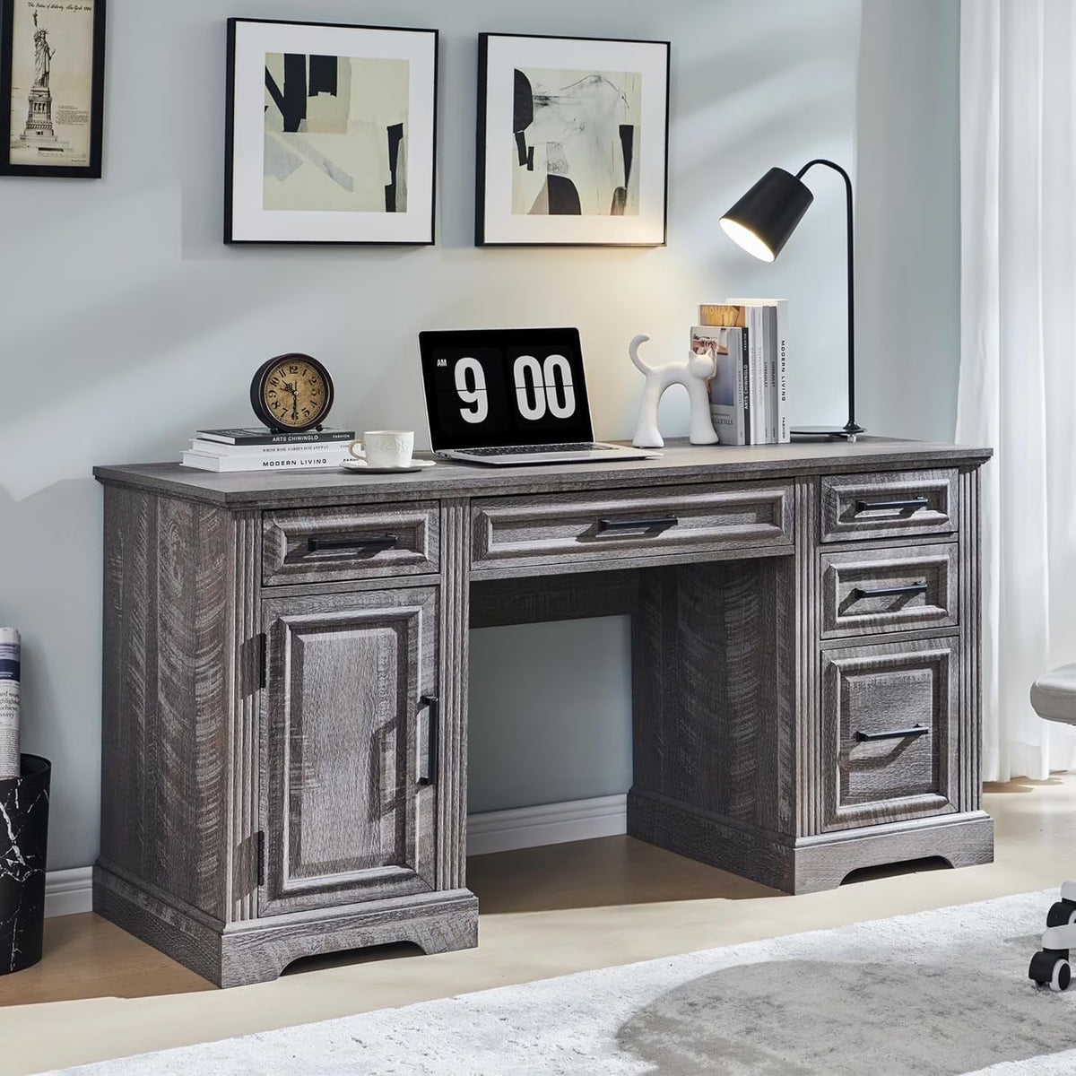T4TREAM Farmhouse Wood 58" Executive Desk, Home Office 30" High Computer Desk with Drawers and Storage Cabinet, White
