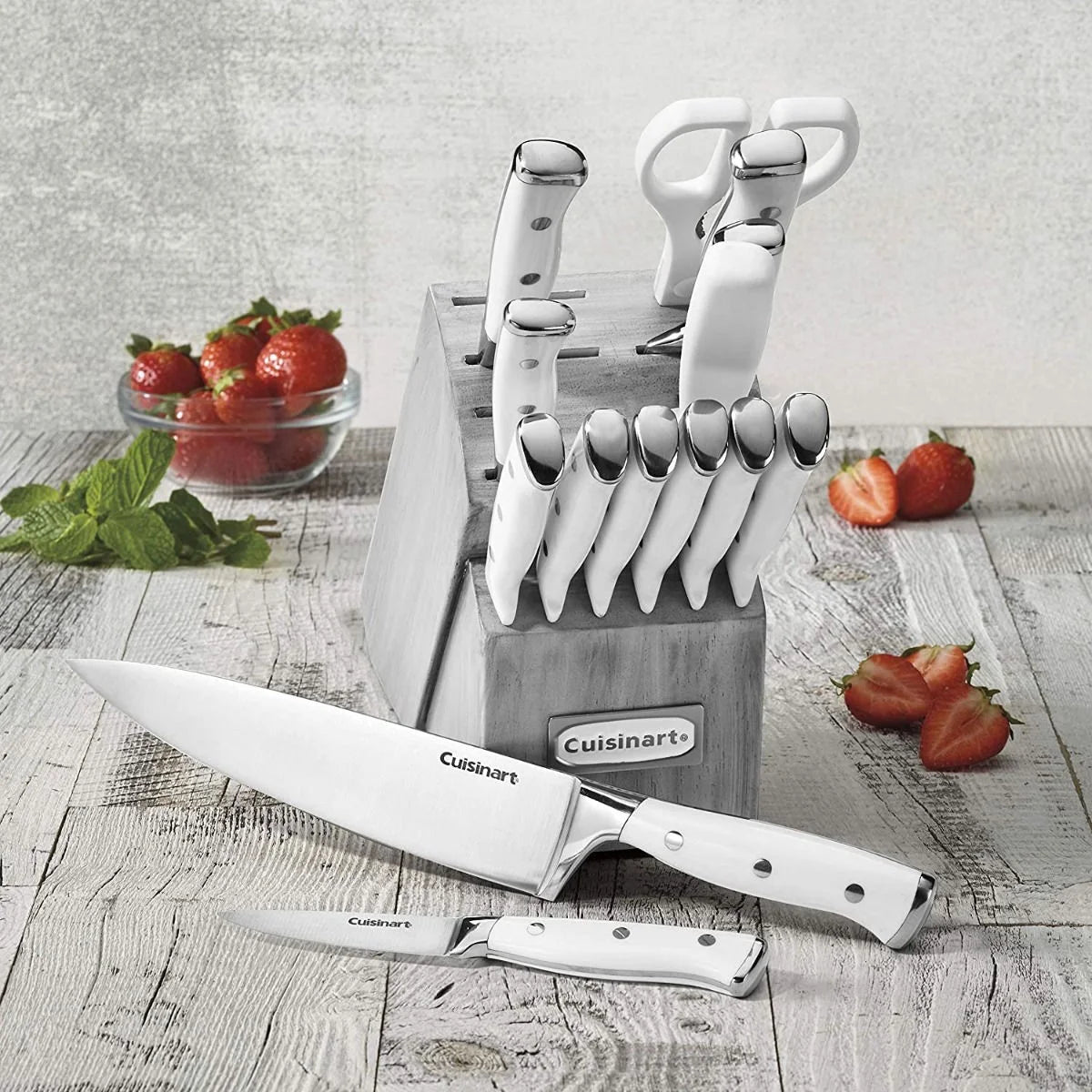 Cuisinart C77WTR-15PG Triple Rivet Collection 15-Piece Cutlery Block Set, White/Grey
