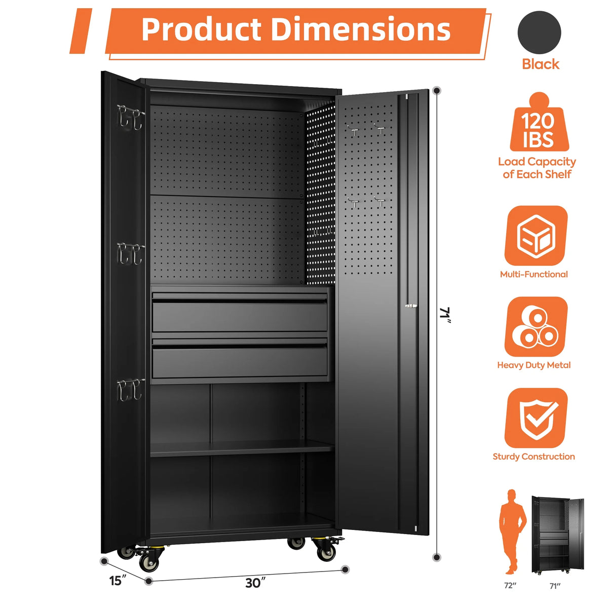Aobabo Metal Storage Cabinet with Lock,Garage Storage Cabinet with Wheels,72In Steel Storage Cabinet for Garage Home Storage, Black Required-Assembly