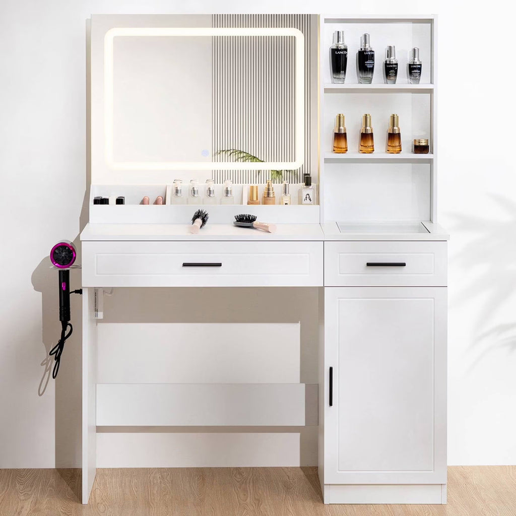 Hommpa Vanity, Makeup Vanity with LED Lighted Mirror Vanity Desk with Drawers Vanity Table with Charging Station for Girls Bedroom Storage Shelves, White