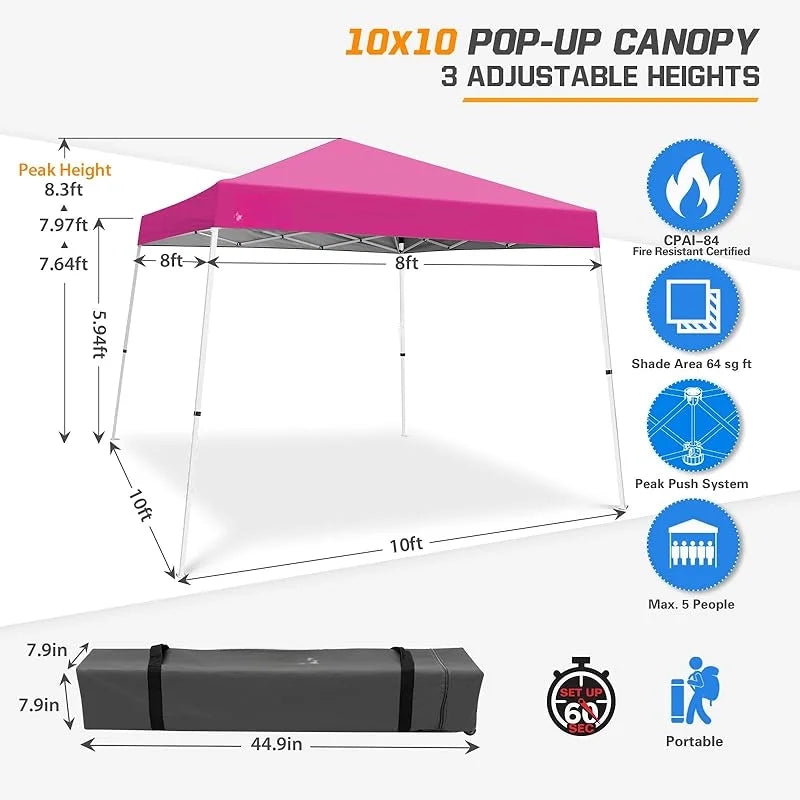 10x10 Slant Leg Pop-up Canopy Tent Easy One Person Setup Instant Outdoor Beach Canopy Folding Portable Sports Shelter 10x10 Base 8x8 Top (Pink)-xlk