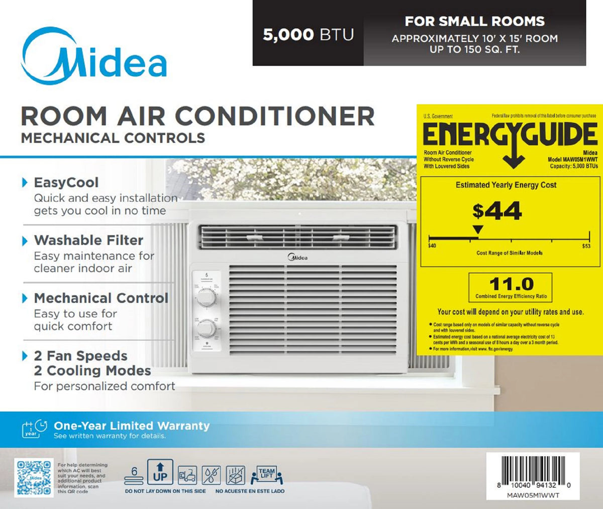 Midea 5,000 BTU 150 Sq ft Mechanical Window Air Conditioner, White, MAW05M1WWT, New