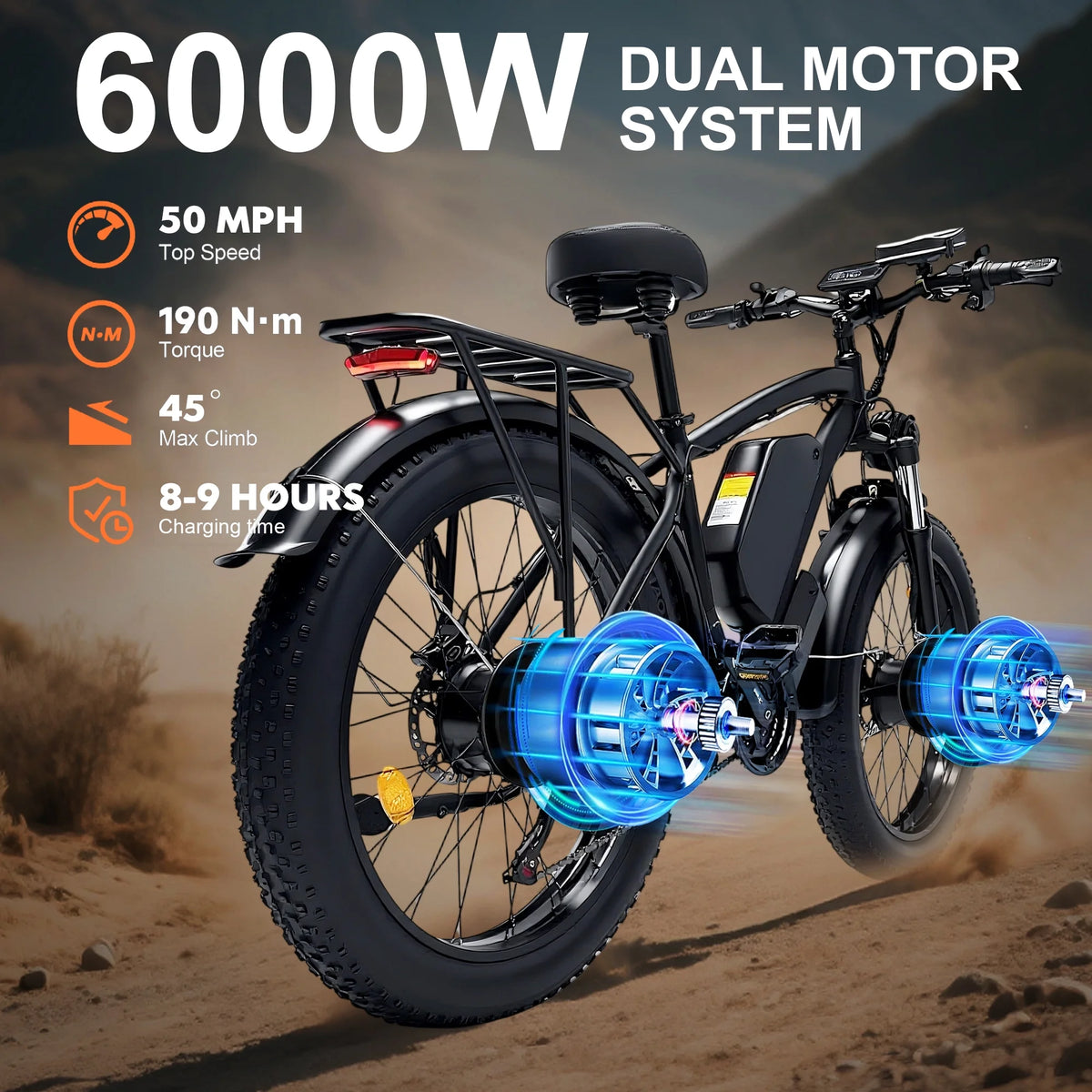Electric Fat Tire Bike for Adults, 6000W Dual Motor Ebike, Max 50MPH 26"x4.0 Off-Road Mountain Electric Bicycle, 60V 25AH, UL2849
