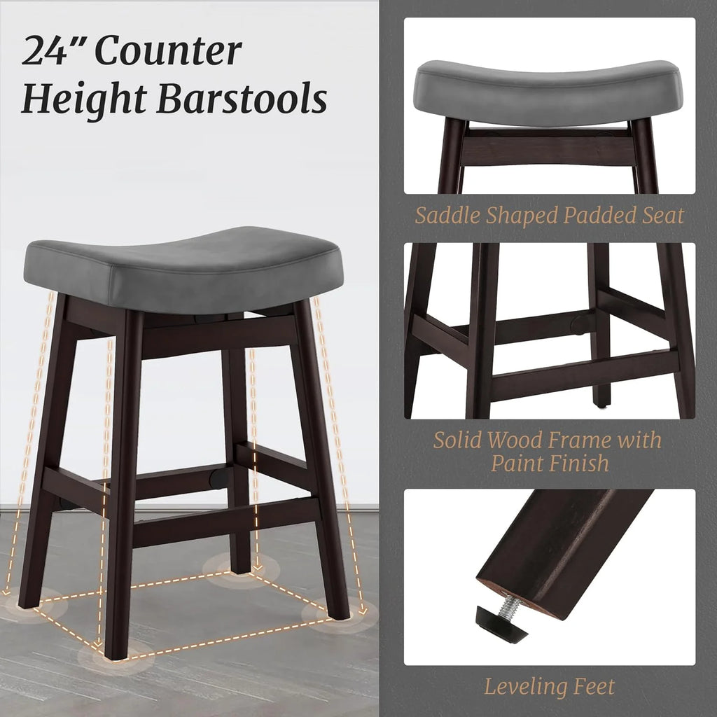 Dycanpo Saddle Seat Counter Height Bar Stools Set of 3 for Kitchen, Dining, 24in, Beige-Fabric