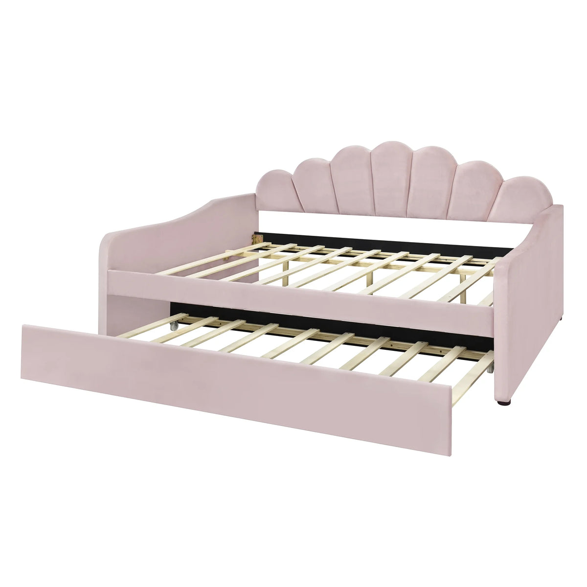 EUROCO Upholstery Full Size Platform Bed, Upholstered Daybed with Headboard and Trundle, Beige