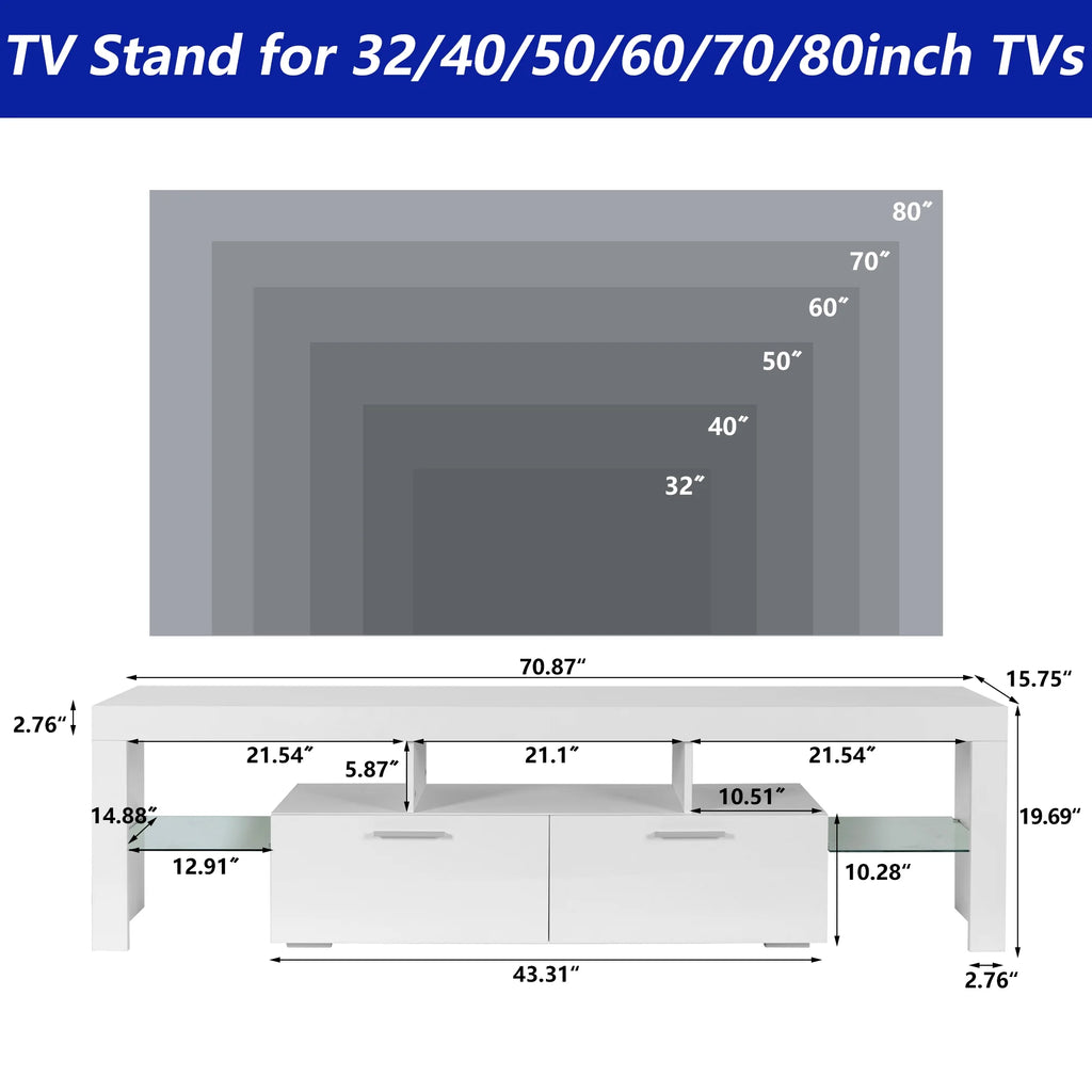 UHOMEPRO TV Stand for TV up to 70", Living Room Entertainment Center with RGB LED Lights and Storage Shelves Furniture, White High Gloss TV Cabinet Console Table
