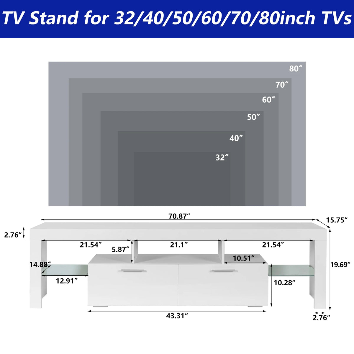 UHOMEPRO TV Stand for TV up to 70", Living Room Entertainment Center with RGB LED Lights and Storage Shelves Furniture, White High Gloss TV Cabinet Console Table