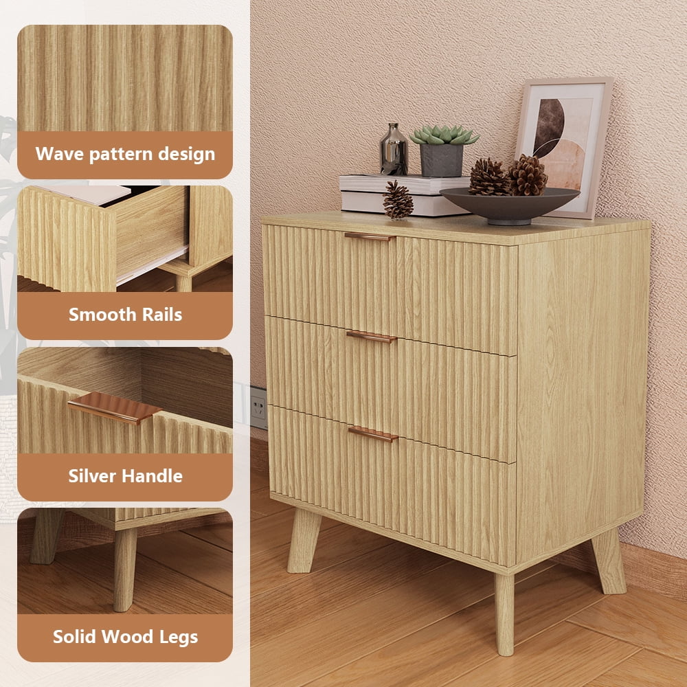 YOCWO Fluted Nightstand for Bedroom Set of 2 , Wood Bedside Table Set of 2 with Drawers, Black