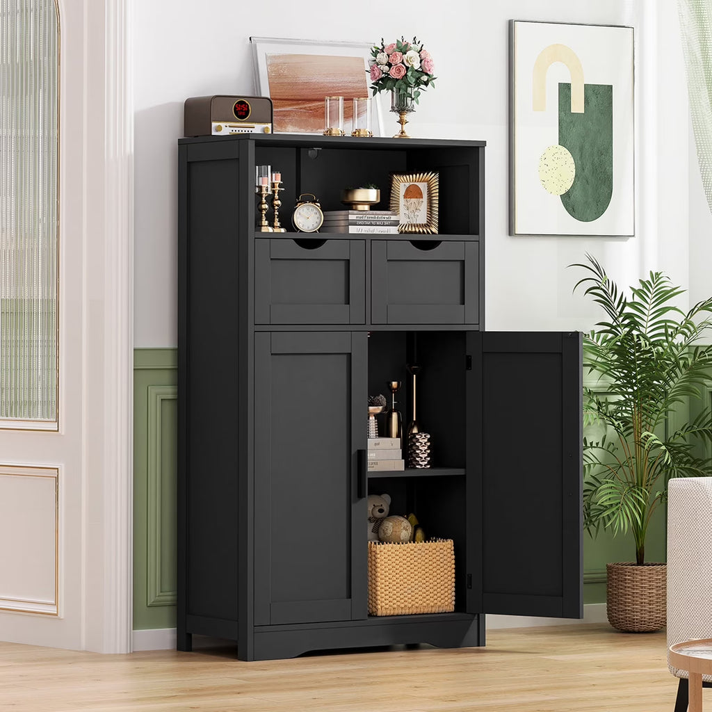 FANGSUM Rattan Storage Cabinet with 2 Drawers & 2 Shelves, Floor Cabinet for Living Room