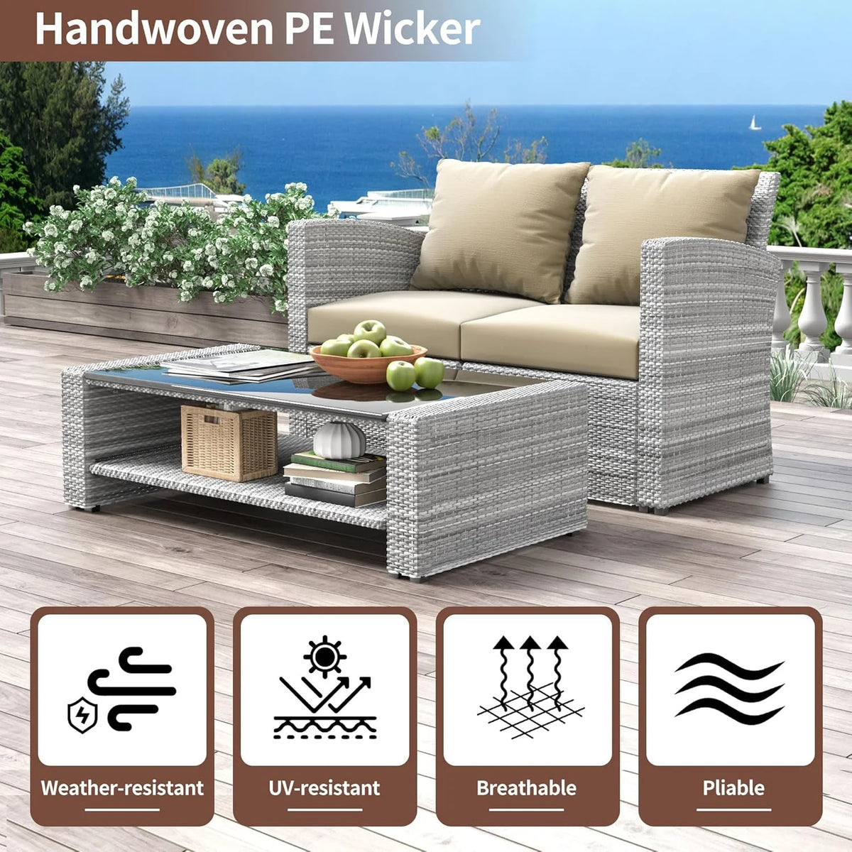 HighSound 4 Piece Patio Furniture Set, Outdoor Wicker Patio Sectional Sofa, All Weather PE Rattan Outdoor Sectional with Cushions & Coffee Table, Dark Gray
