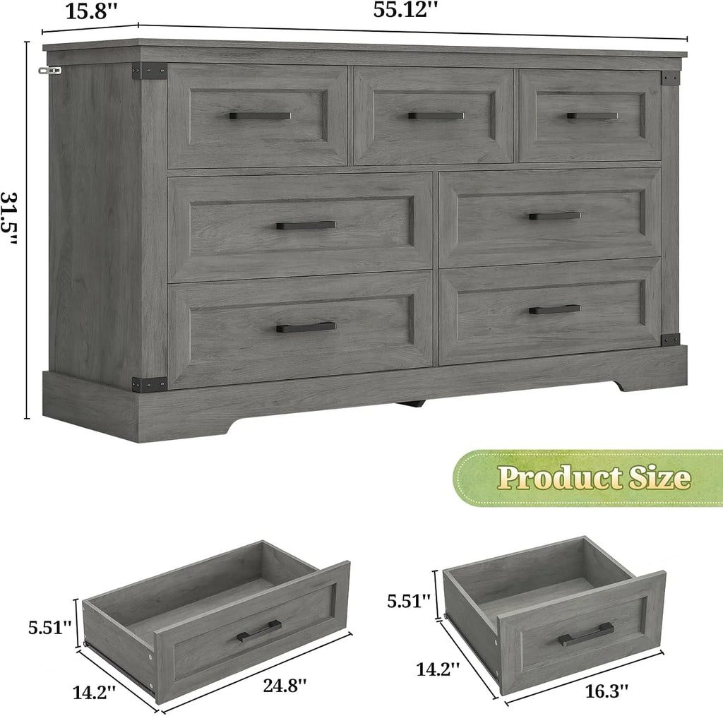 Aunfebrco Black Dresser for Bedroom Farmhouse 7 Drawers Dresser & Chest of Drawers with Thick Styling, Large Clothing Storage Organizer for Living Room