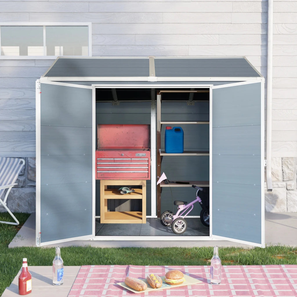 8x4 FT Outdoor Storage Shed with Floor, Resin Garden Sheds with Lockable Door, Vents & Windows, Weather Resistant Tool Shed with Sloped Roof for Backyard Patio, Grey
